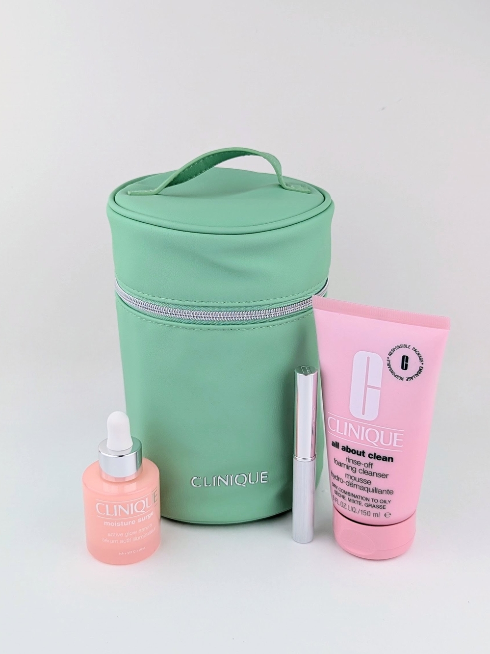 Clinique Full Size Skincare + Nude Honey Lipstick + Mint Green Cosmetics Bag Set